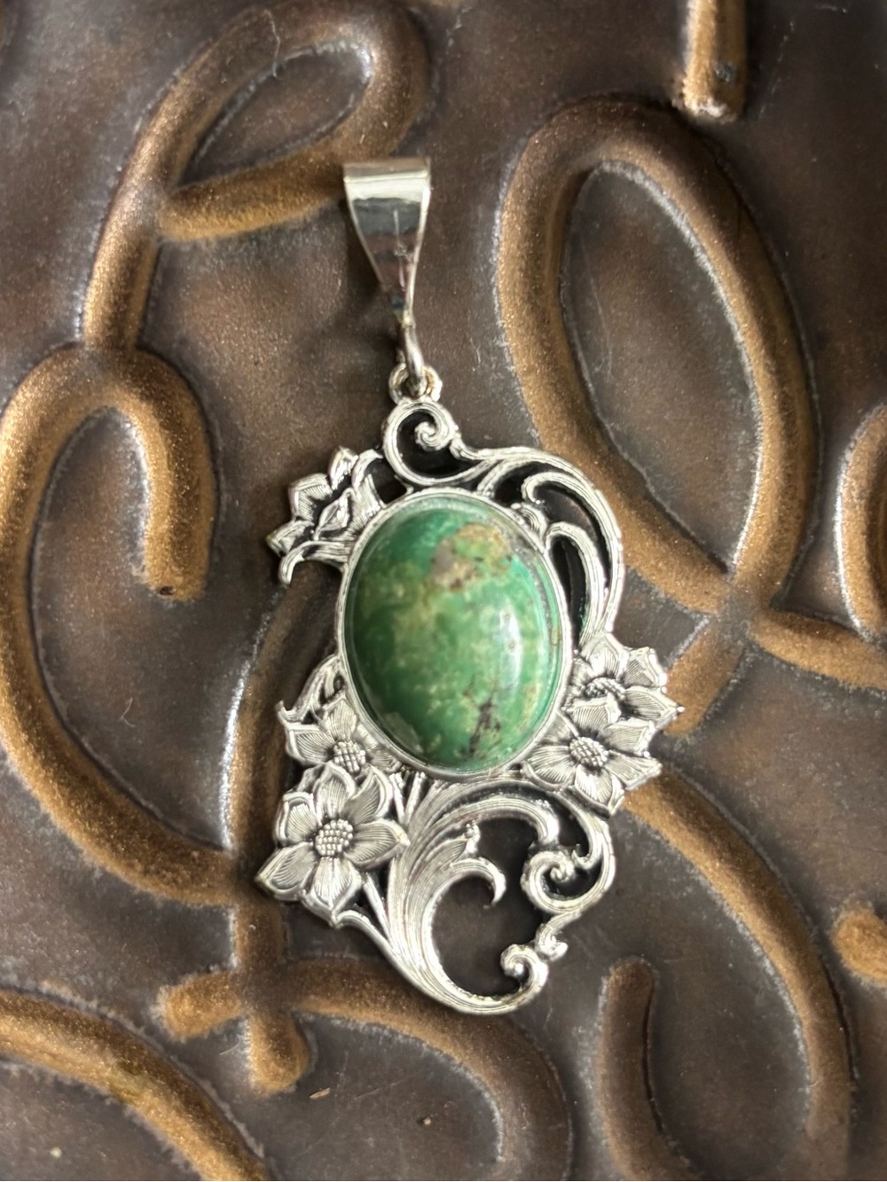 Green Turquoise & Floral Silver Pendant